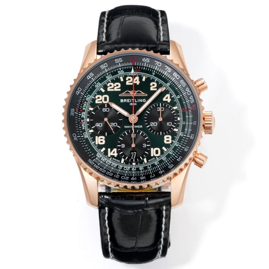 Chronograph - Rosegold bezel - Green Black - N-Timer - Black Leather - Automatic - 43mm