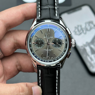 Chronograph - Grey - Black Leather - Automatic - 42mm