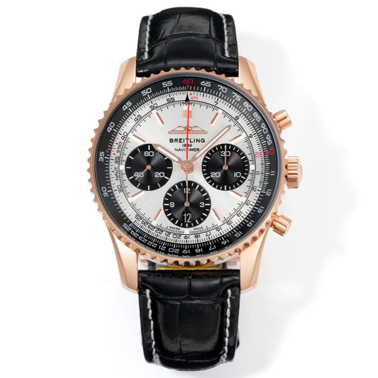 Chronograph - Rosegold bezel - Panda fece - N-Timer - Black Leather - Automatic - 43mm