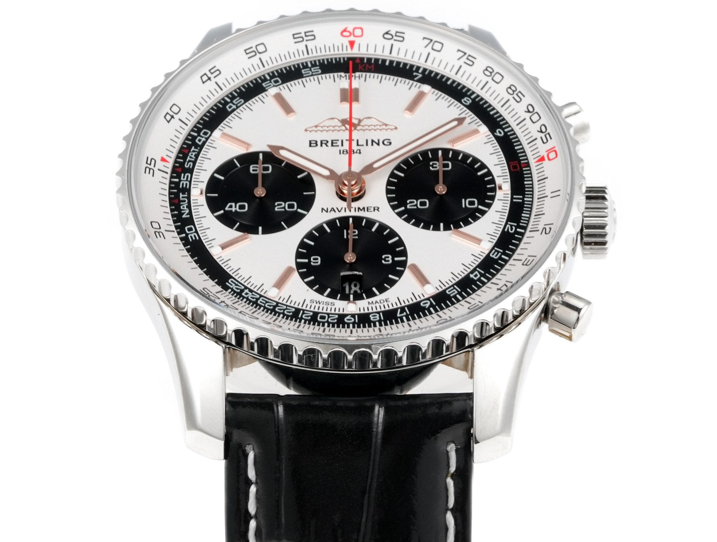 Chronograph - White Bezel- Panda Face - N-Timer - Black Leather - Automatic - 43mm