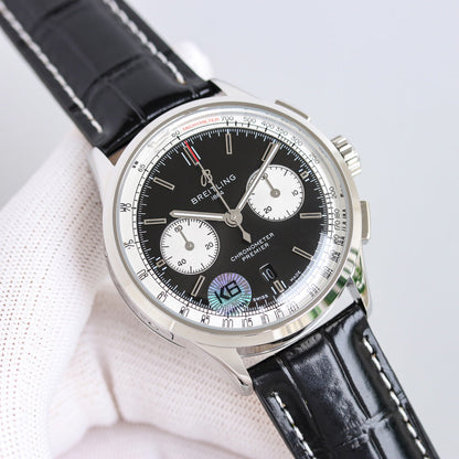 Chronograph -Silver Black - Black Leather - Automatic - 42mm