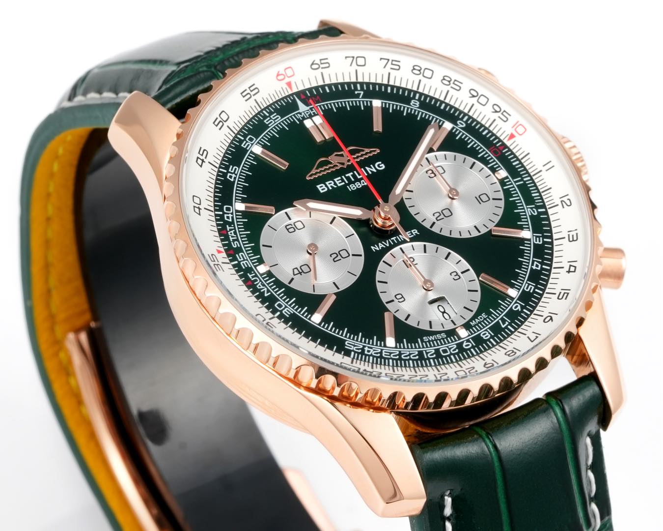 Chronograph - Rosegold White - Green - N-Timer - Green Leather - Automatic - 43mm
