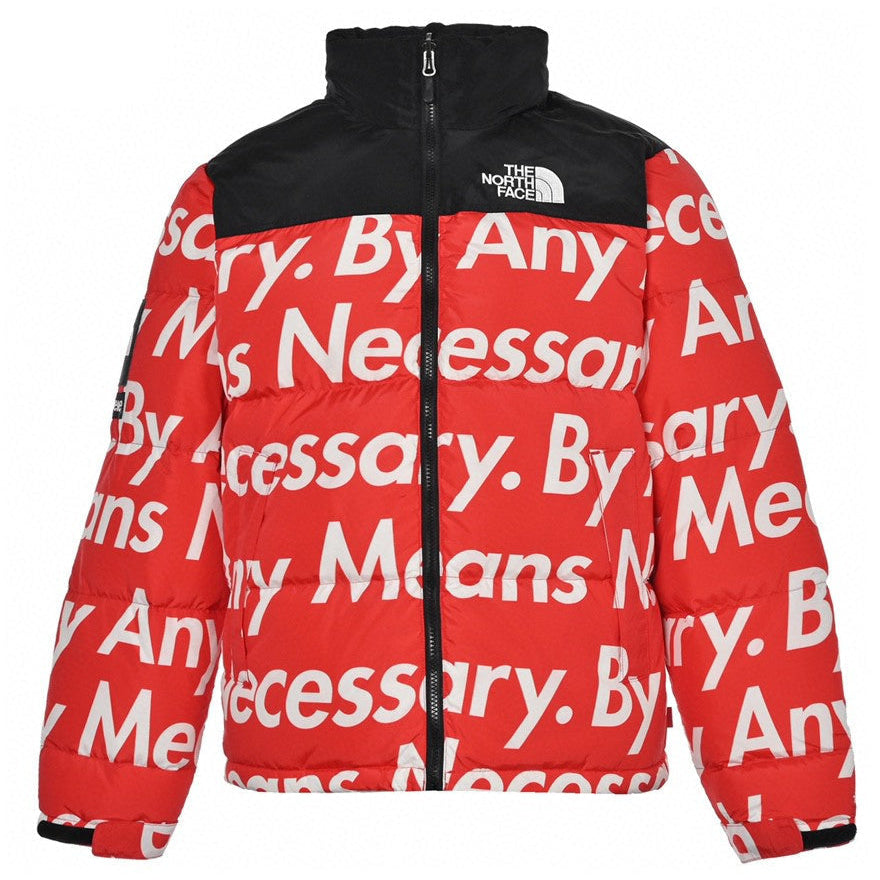 Red puffer jacket with white text and black accents on a white background