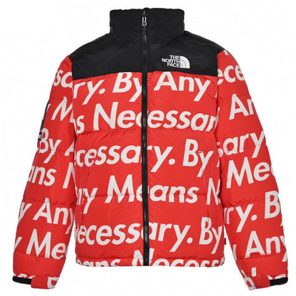 Red puffer jacket with white text and black accents on a white background