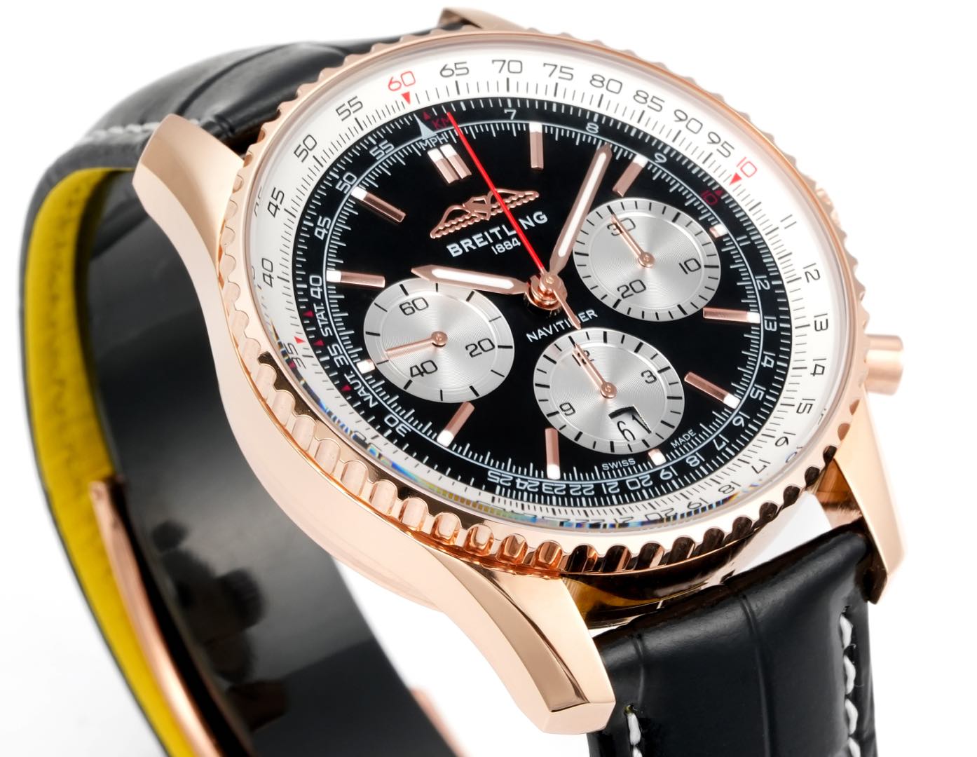 Chronograph - Rosegold White - Black - N-Timer - Black Leather - Automatic - 43mm