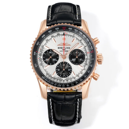 Chronograph - Rosegold bezel - Panda fece - N-Timer - Black Leather - Automatic - 43mm