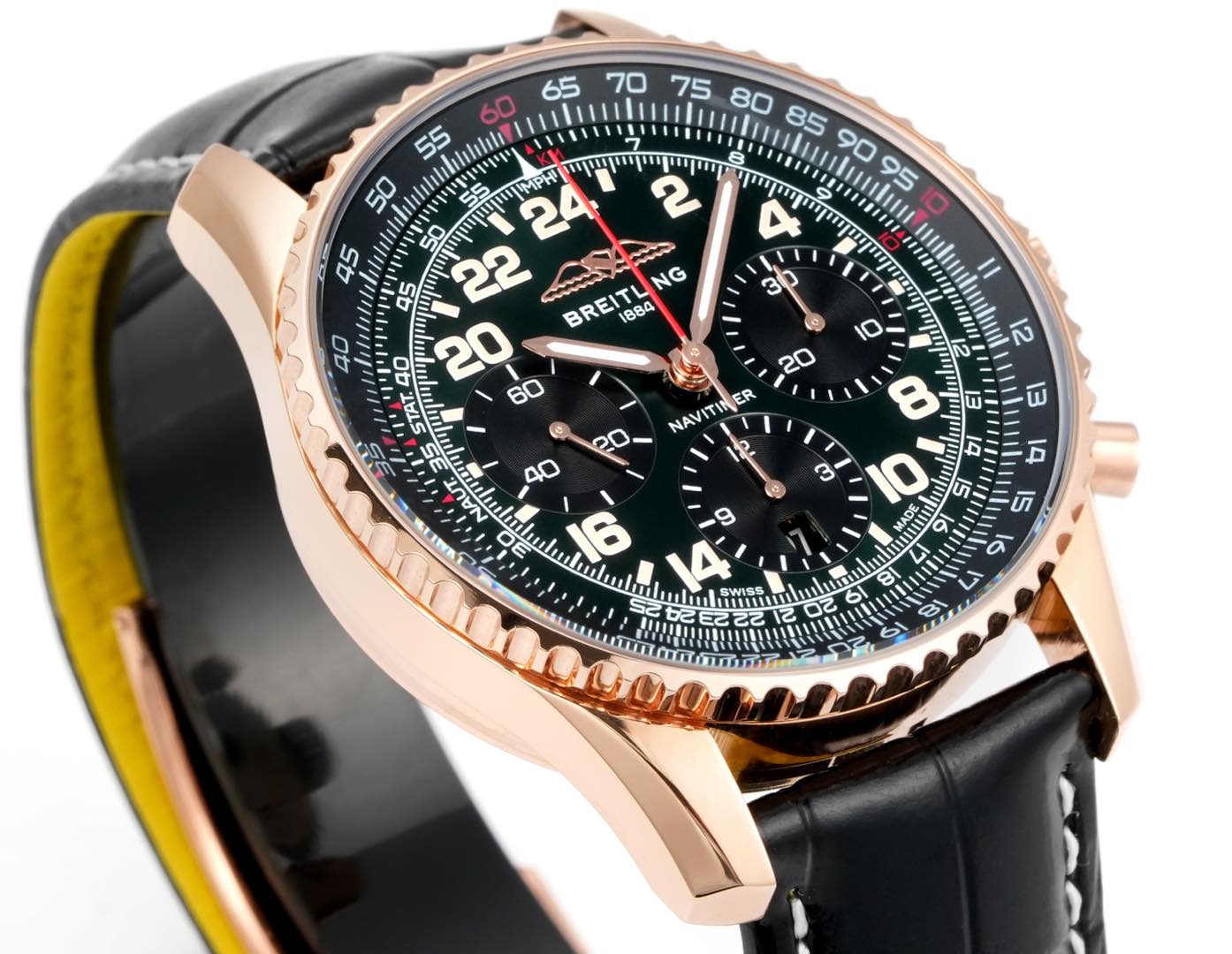 Chronograph - Rosegold bezel - Green Black - N-Timer - Black Leather - Automatic - 43mm