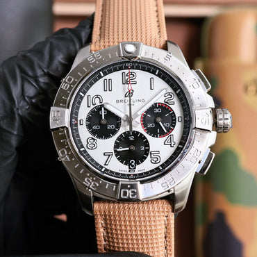 Chronograph -Silver Ceramic Tan- Khaki Rubber - Quartz - 43mm