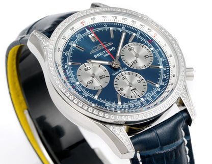 Chronograph - Rhinestone bezel - Blue White - N-Timer - Blue Leather - Automatic - 43mm