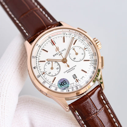 Chronograph -Rosegold White - Brown Leather - Automatic - 42mm