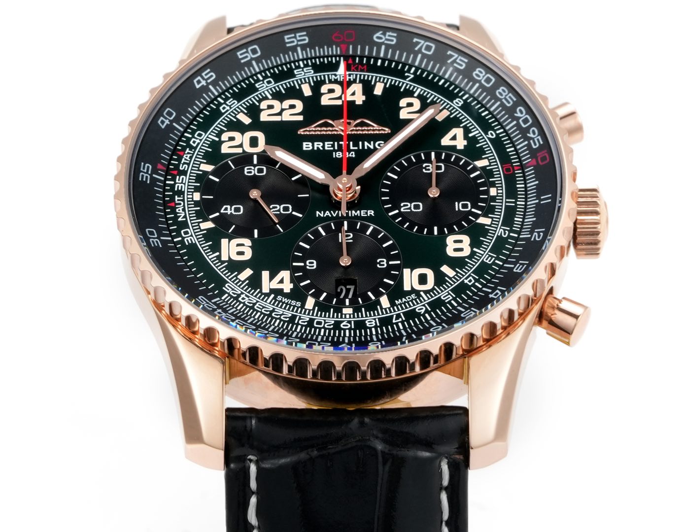 Chronograph - Rosegold bezel - Green Black - N-Timer - Black Leather - Automatic - 43mm